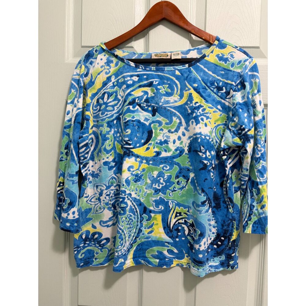 Talbot's Bateau Neck Blue, Teal, & Yellow Print 3/4 Sleeve T-Shirt Size L